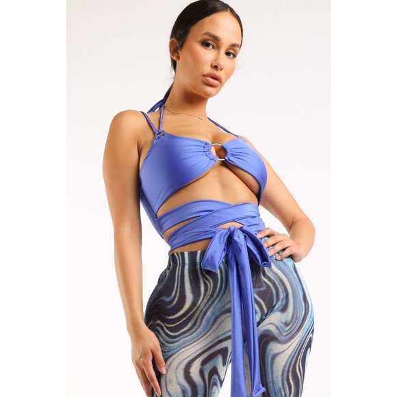 Women's Strappy Top and Print Mesh Leggings Set O Ring 2 Piece Outfits Clubwear - Picture 4 of 11
